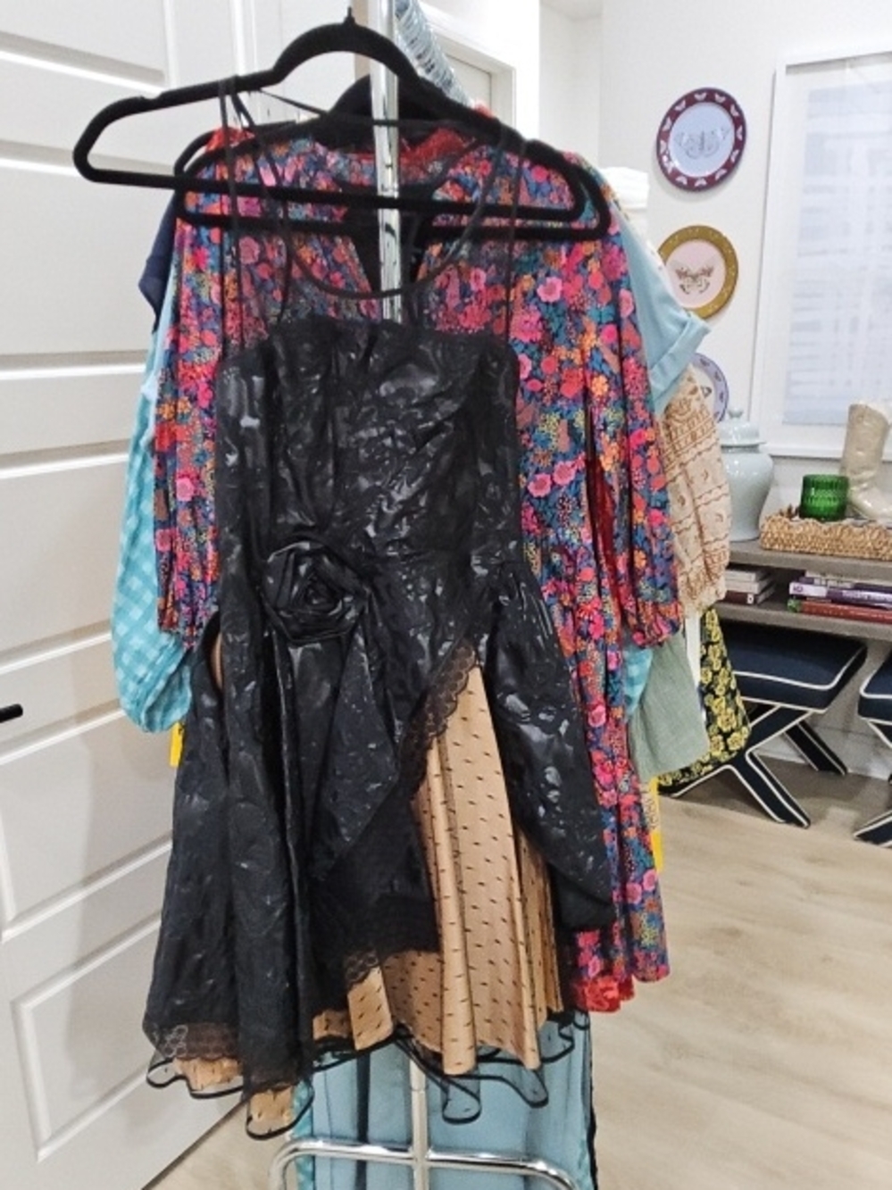 Valentino Black Strapless Cocktail Dress with Tan Underskirt and Rosette